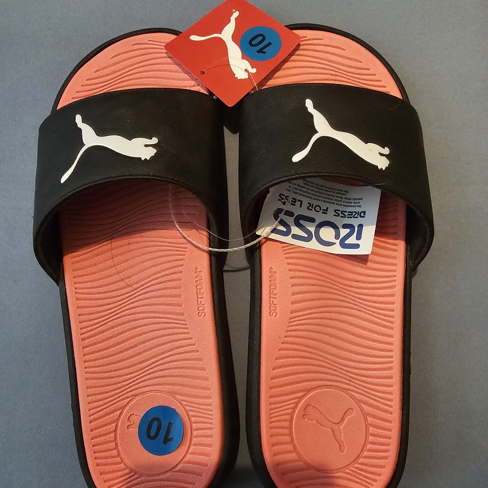 Puma Black and Coral Slide Sandals